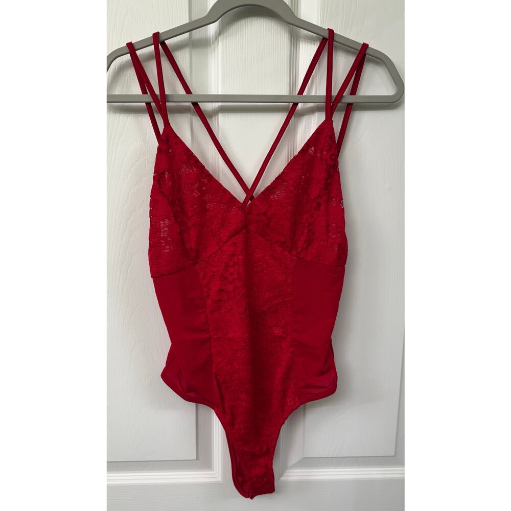 Oh yes medium red lace body suit NEW ($58 retail) open back adjustable straps